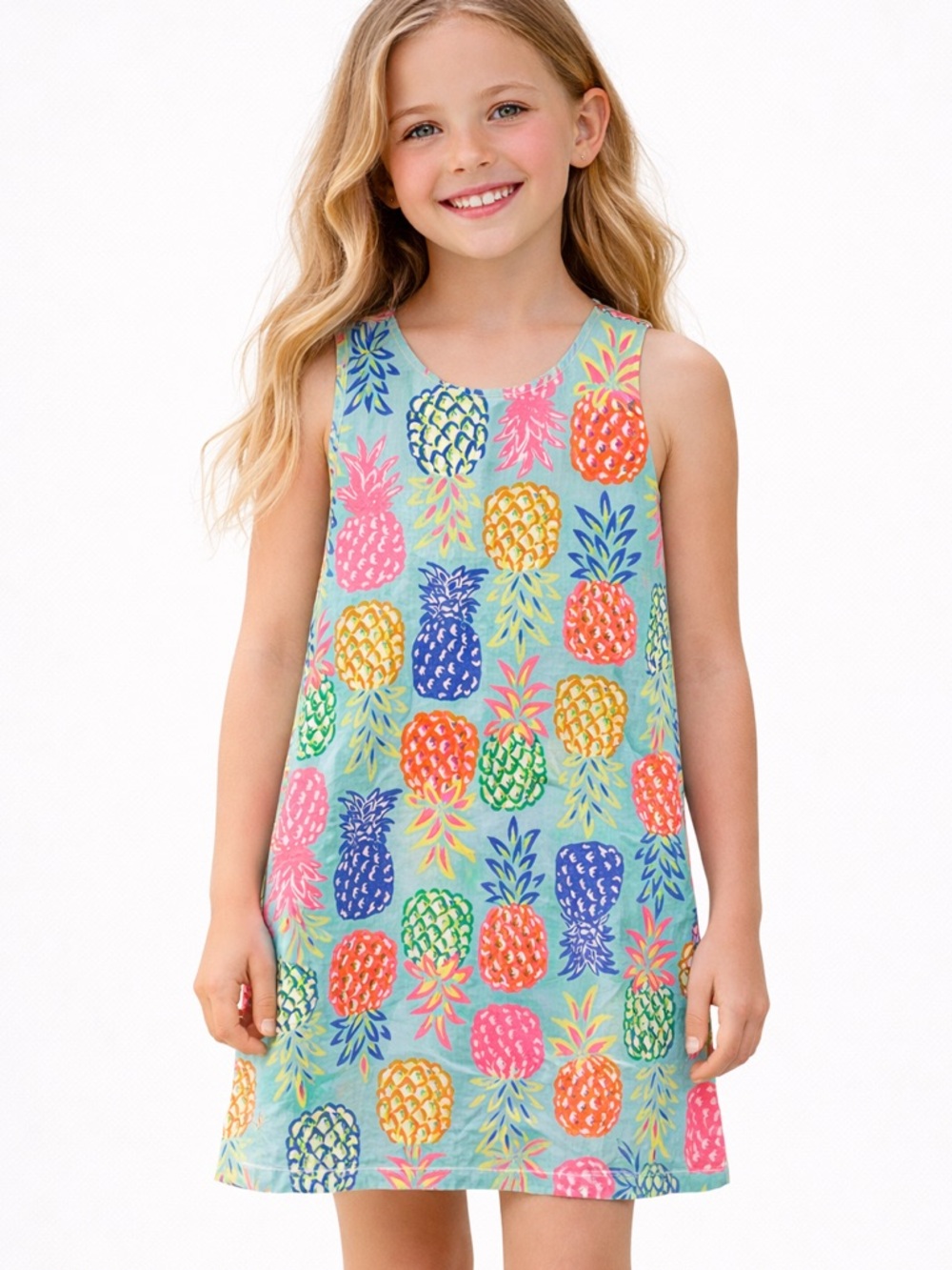 Tommy Bahama Girls Size 8 Blue Pineapple Print Cotton Shift Dress Sleeveless
